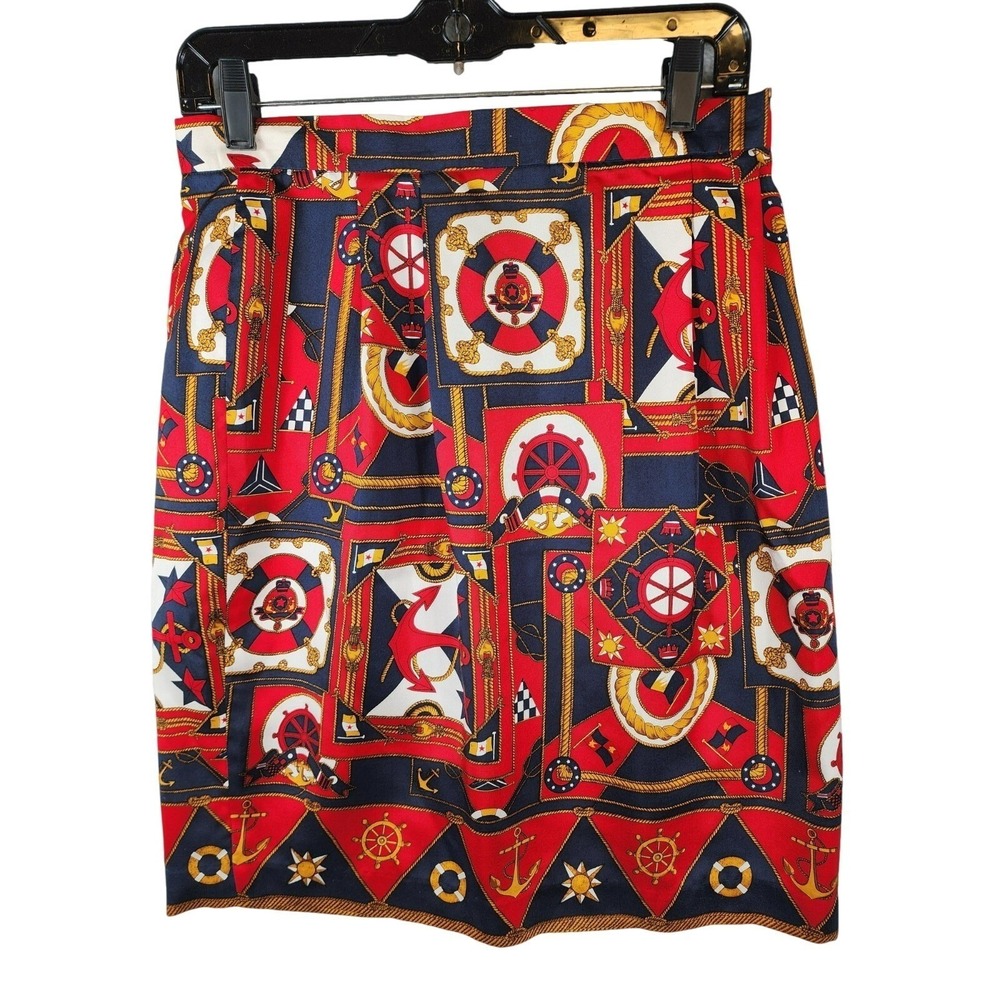 Talbots 12 Silk Skirt Nautical Print Pleated Line Preppy Coastal Red Blue Retro